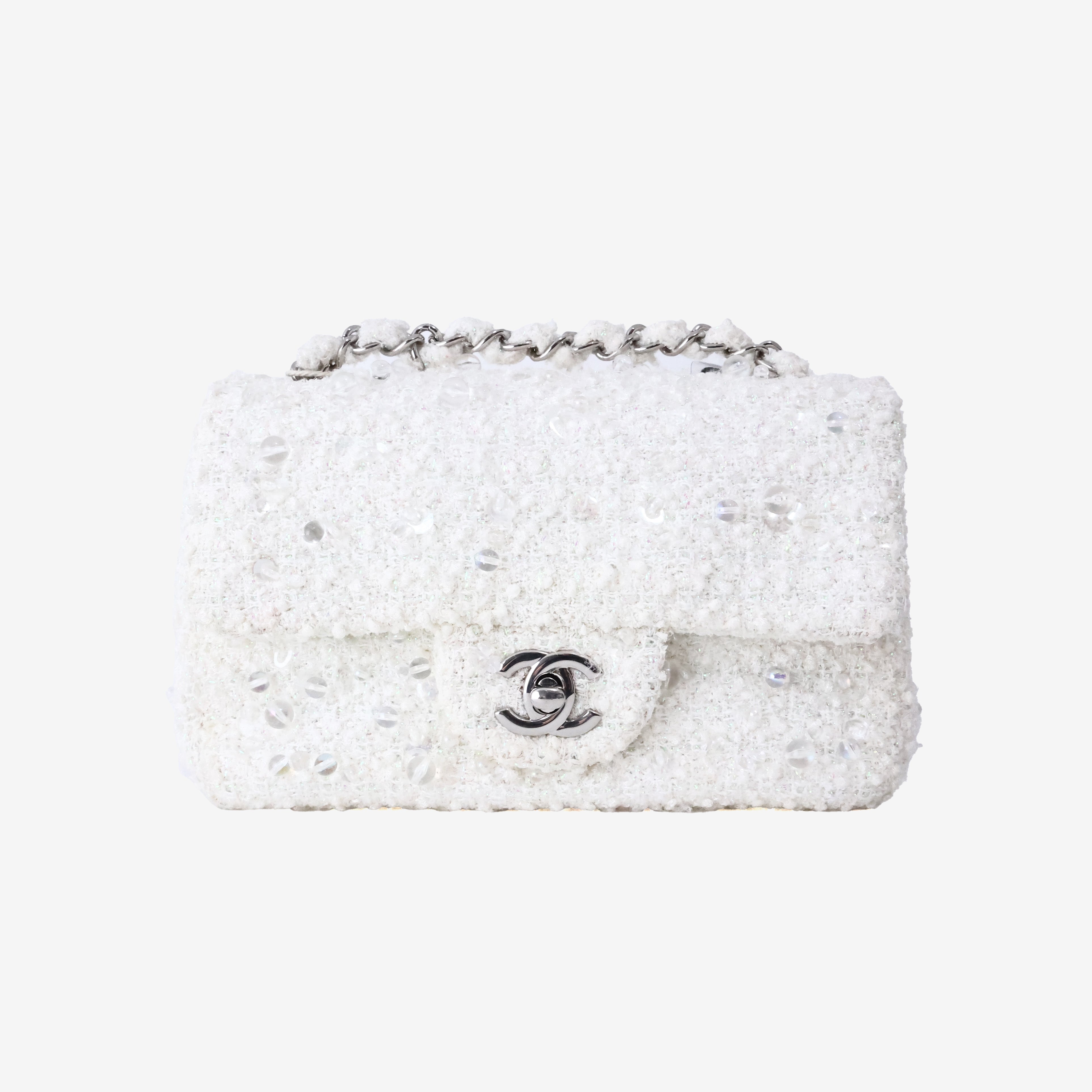 Chanel Tweed Beaded Mini Rectangular Flap Bag in White Tweed with