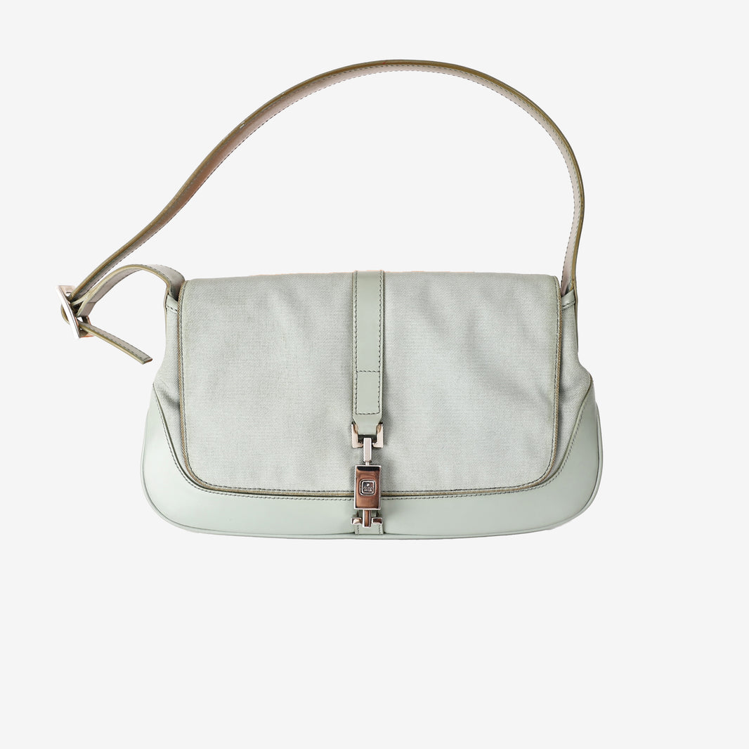 Gucci Jackie Flap Shoulder Bag in Light Green Canvas/Leather with Silver Hardware