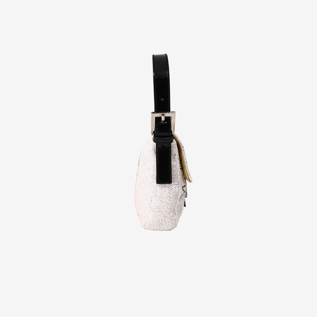 Fendi Beaded Scribble Baguette Shoulder Bag in White/Black with Silver-Tone Hardware