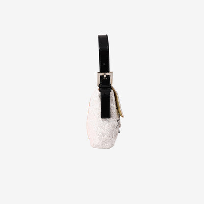Fendi Beaded Scribble Baguette Shoulder Bag in White/Black with Silver-Tone Hardware