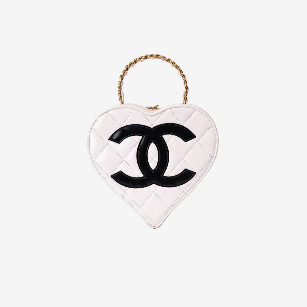 Chanel Vintage Heart-Shaped Vanity Bag in White Patent Leather with Gold Hardware front view