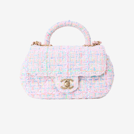 Chanel Mini Flap Bag with Top Handle in Pink Tweed Leather with Gold Hardware front view