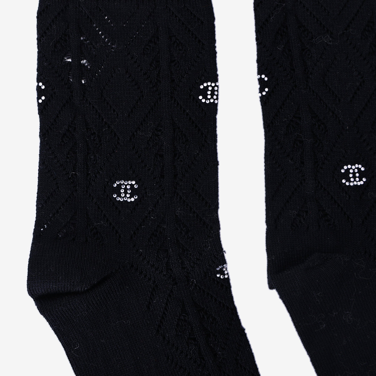 Chanel CC Logo Knit Socks in Black Knit with Rhinestone Detailing detail view