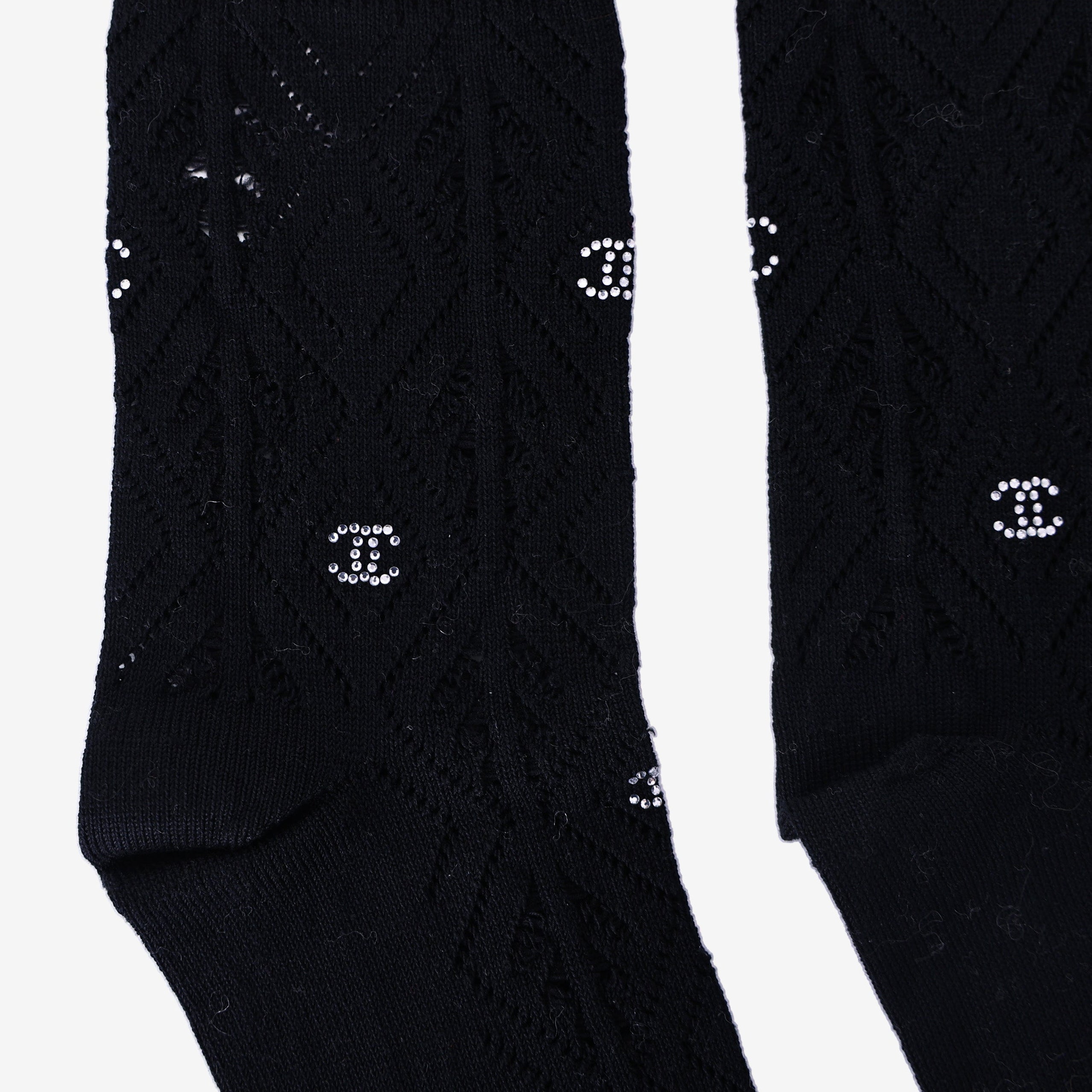 Chanel CC Logo Knit Socks in Black Knit with Rhinestone Detailing detail view