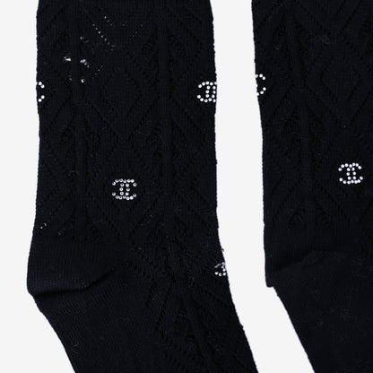 Chanel CC Logo Knit Socks in Black Knit with Rhinestone Detailing detail view