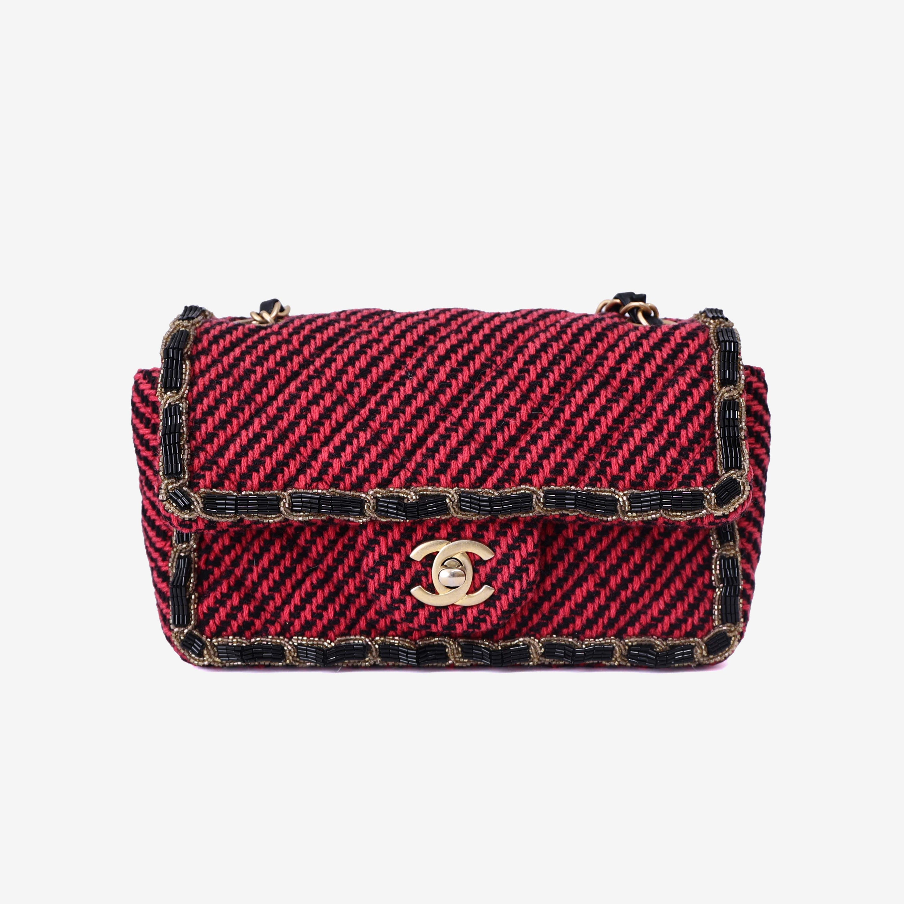 Chanel Classic Single Flap Mini Bag in Multicolour Braided Quilted Wool and Beaded Trim with Gold Hardware front view