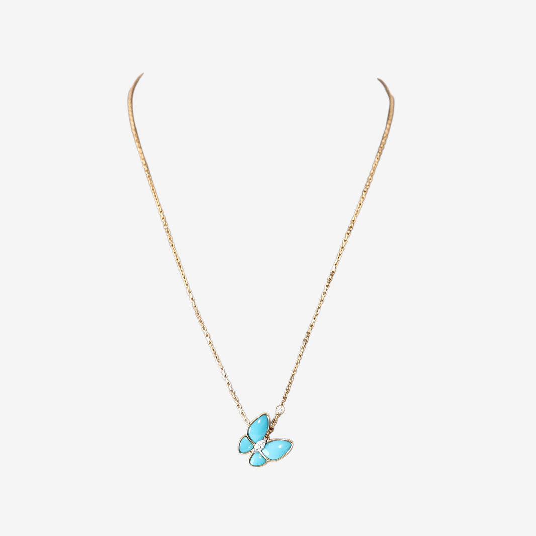 Van Cleef & Arpels Two Butterfly Pendant in 18K Yellow/White Gold with Turquoise and Diamonds