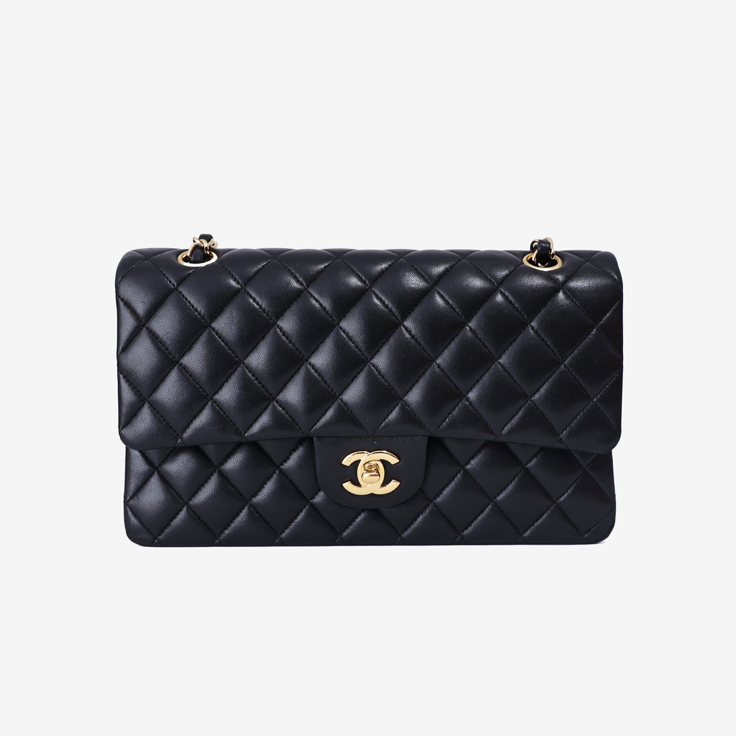 Chanel Vintage Classic Double Flap Medium Bag in Black Lambskin Leather with 24k Gold Hardware front view