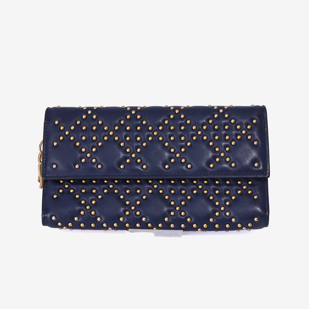 Dior Cannage Stud Wallet on Chain in Navy Lambskin Leather with Gold Hardware front view