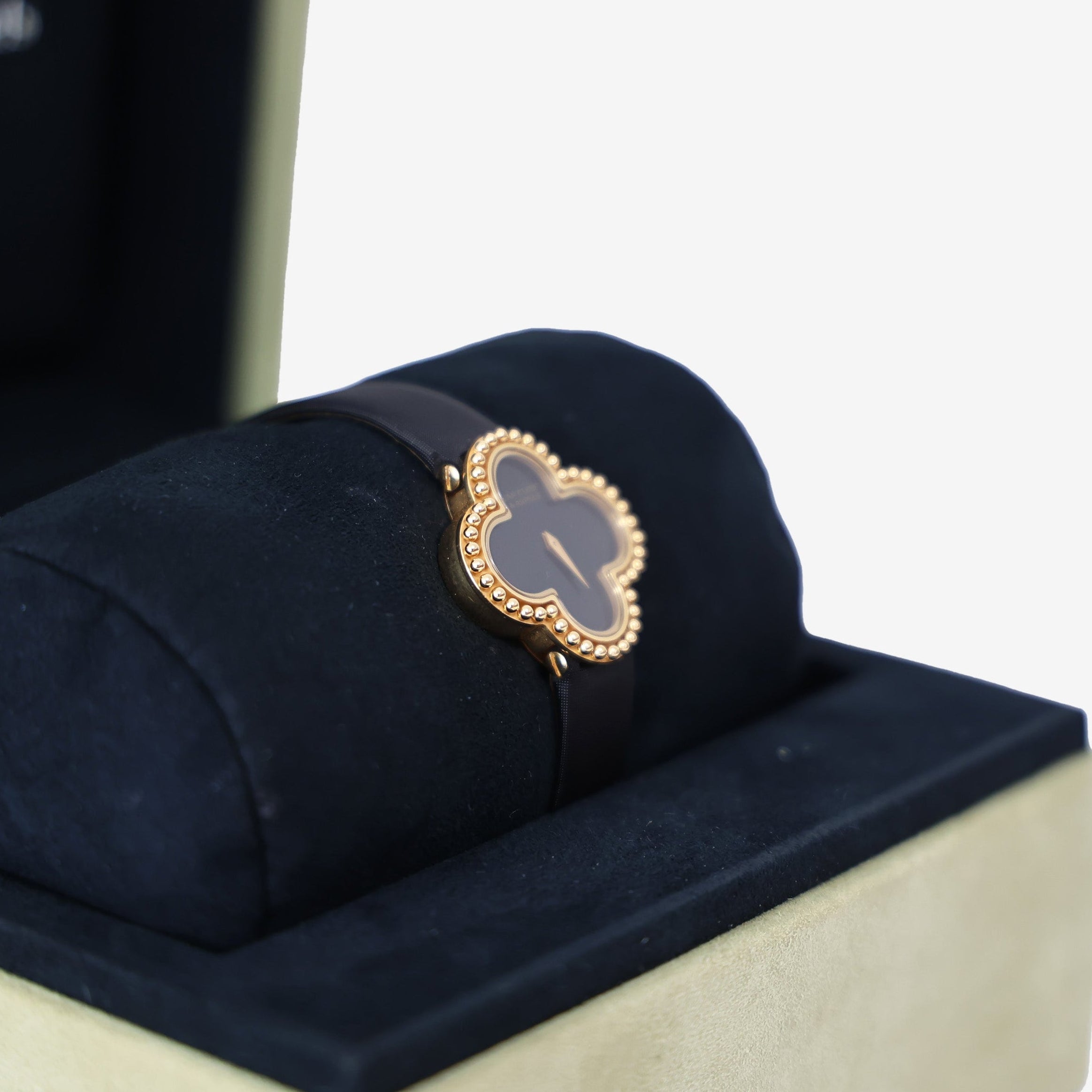 Van Cleef & Arpels Alhambra Watch in Black Leather and 18K Yellow Gold detail view