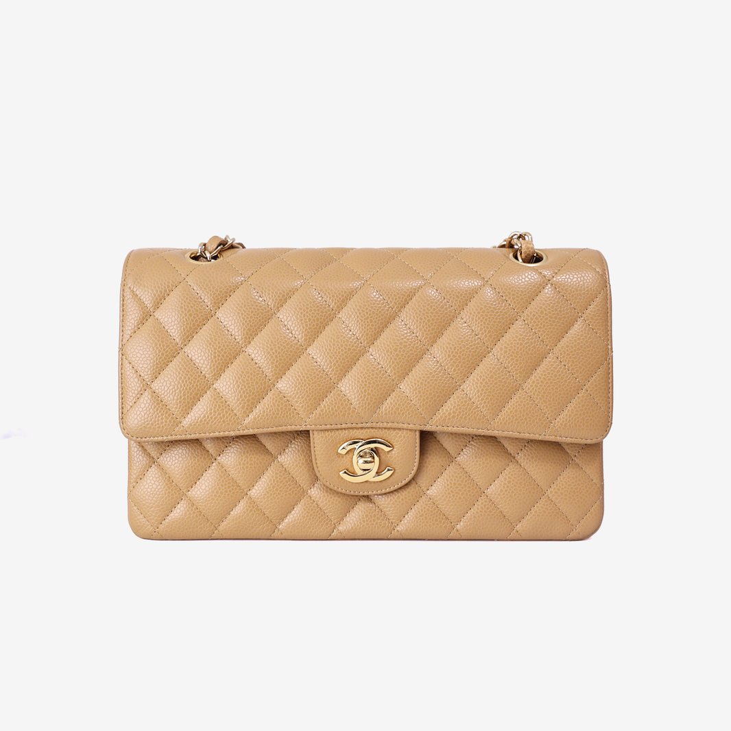 Chanel Vintage Classic Double Flap Medium Bag in Beige Caviar Leather with Gold Hardware front view