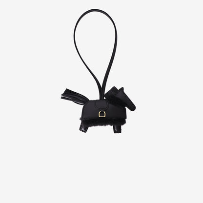 Hermès Rodeo Robeo Plush PM Bag Charm in Black Milo Lambskin and Merinos Wool with Gold Hardware