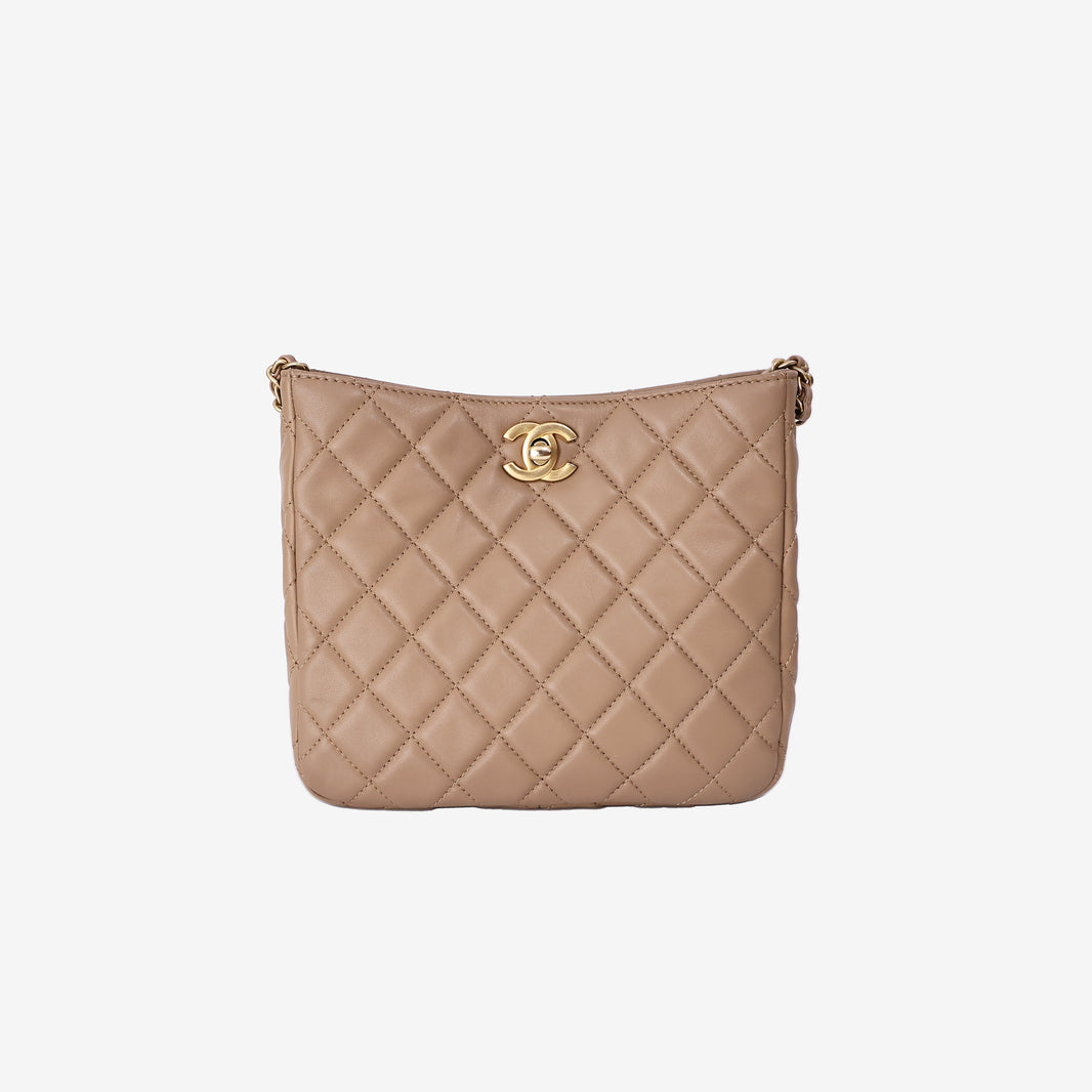 Chanel Pearl Crush Hobo Bag in Beige Lambskin Leather with Gold Hardware