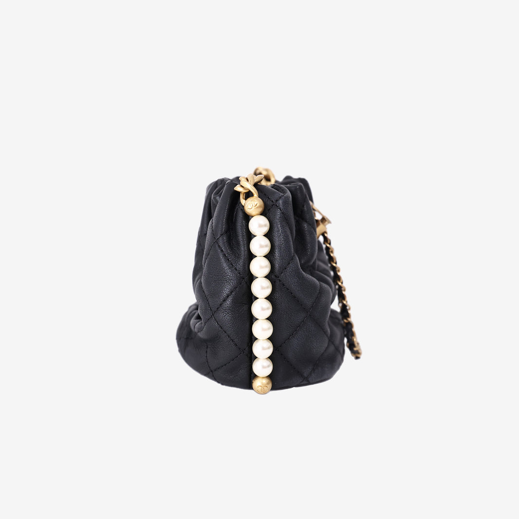 *RARE* Chanel Mini About Pearls Drawstring Bucket Bag in Black Quilted Calfskin Leather with Gold Hardware