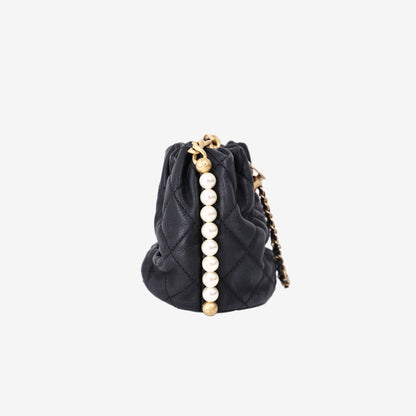 *RARE* Chanel Mini About Pearls Drawstring Bucket Bag in Black Quilted Calfskin Leather with Gold Hardware