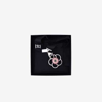Chanel Camellia Pendant Necklace in Black Grosgrain Ribbon with Crystal Detailing and Silver Hardware front view