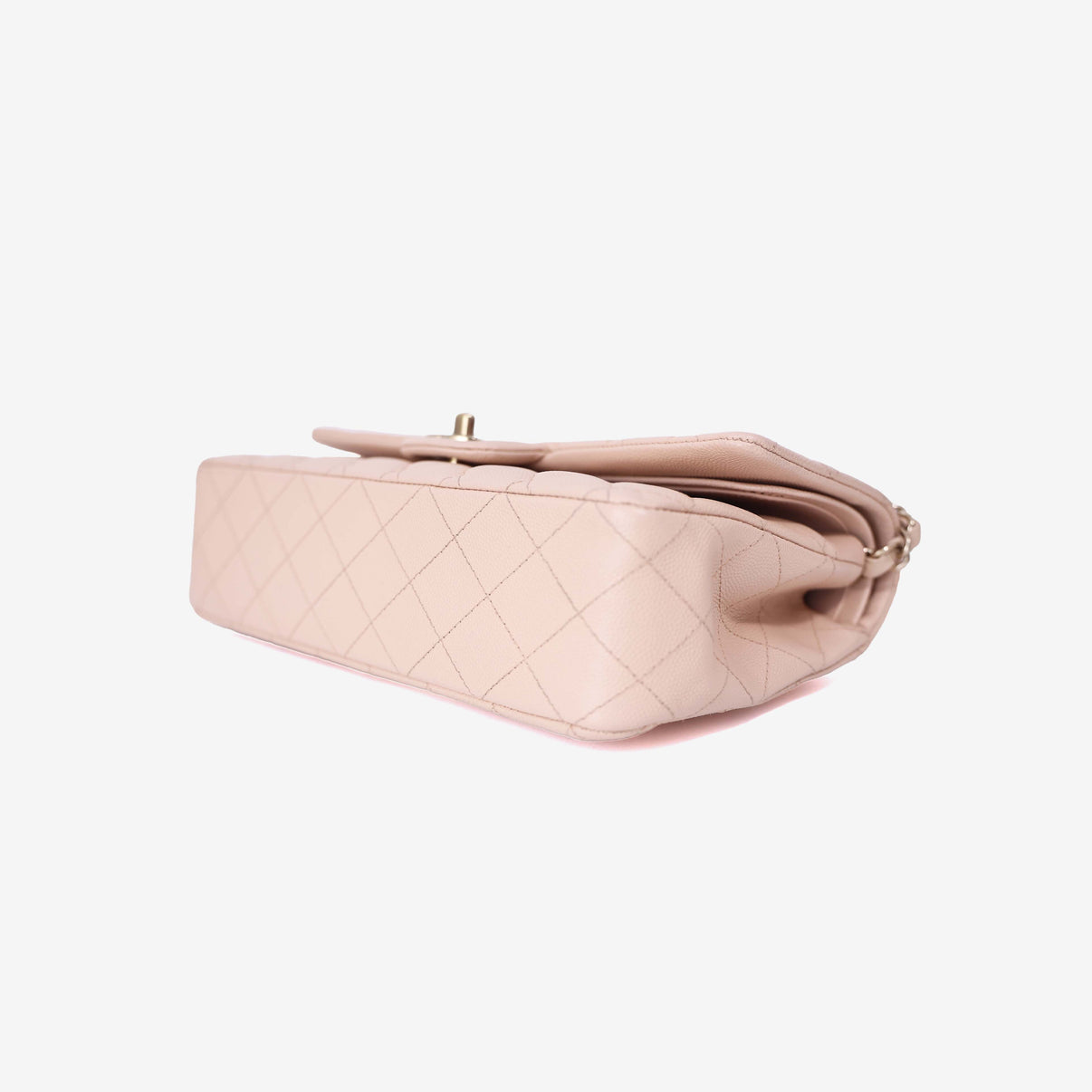 Chanel Classic Double Flap Medium Bag in Beige Clair Caviar Leather with Gold Hardware bottom side view