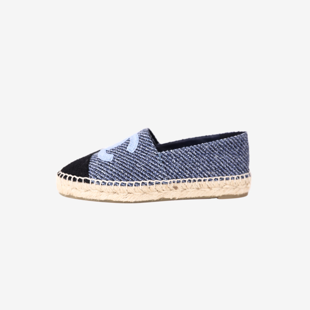 Chanel Tweed Espadrilles in Black and Blue Tweed with CC Detail (Size 36)