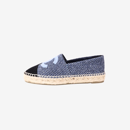 Chanel Tweed Espadrilles in Black and Blue Tweed with CC Detail (Size 36)
