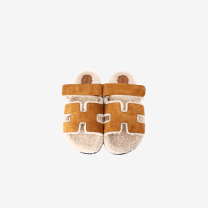 Hermès Chypre Shearling Sandals in Naturel and Écru Suede Goatskin (Size 42)