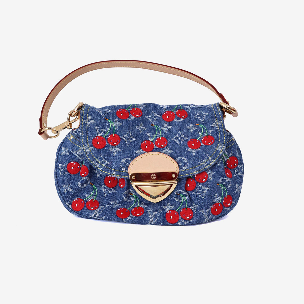Louis Vuitton x Takashi Murakami Sunset Bag in Monogram Denim Cerises with Gold Hardware front view