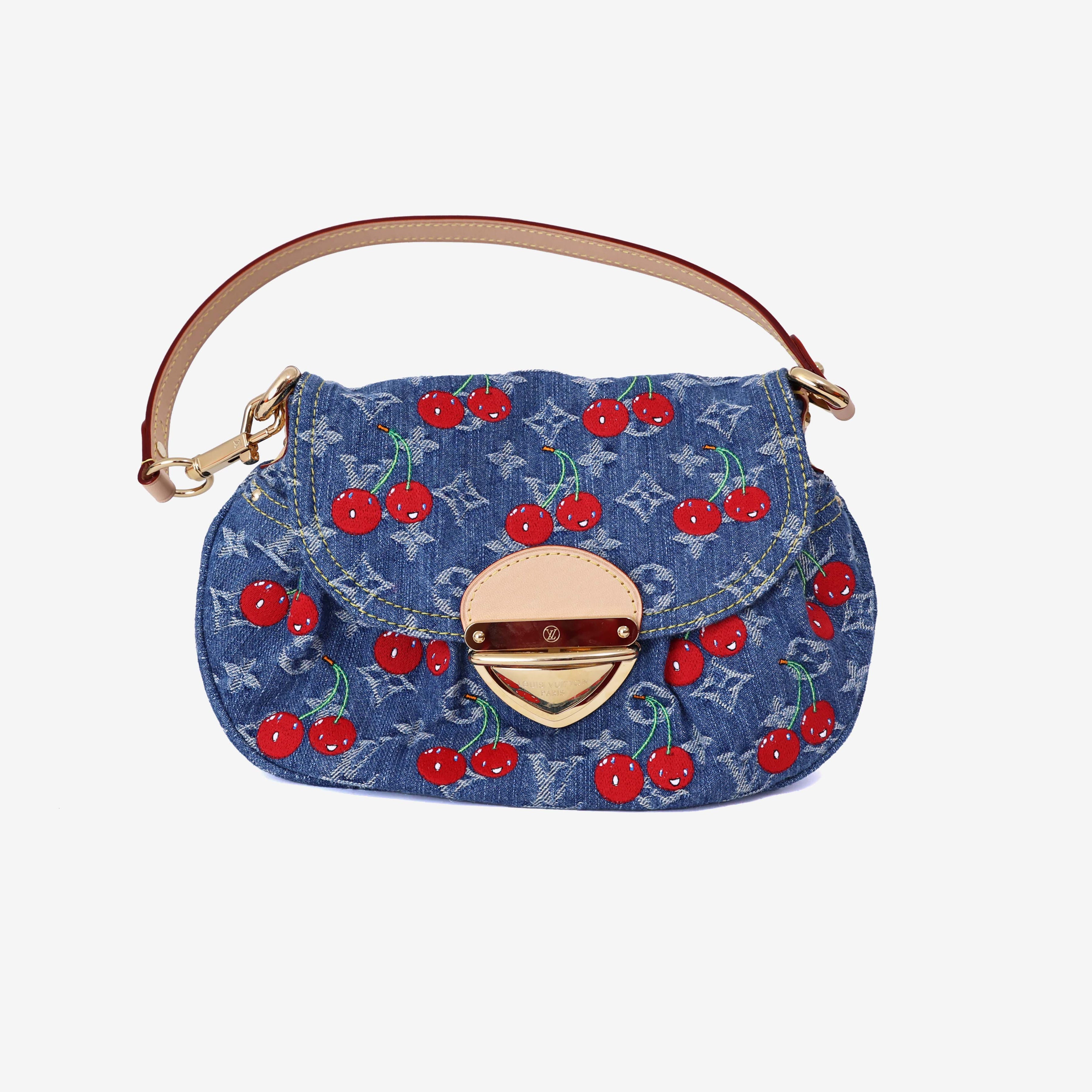 Louis Vuitton x Takashi Murakami Sunset Bag in Monogram Denim Cerises with Gold Hardware front view
