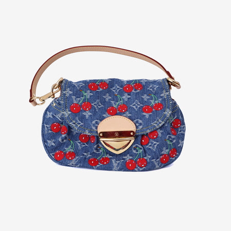Louis Vuitton x Takashi Murakami Sunset Bag in Monogram Denim Cerises with Gold Hardware front view