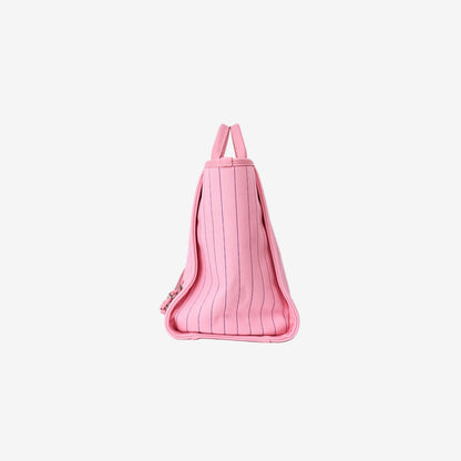 Chanel Large Deauville Tote in Pink and Blue Striped Canvas with Calfskin Leather and Palladium Hardware side view