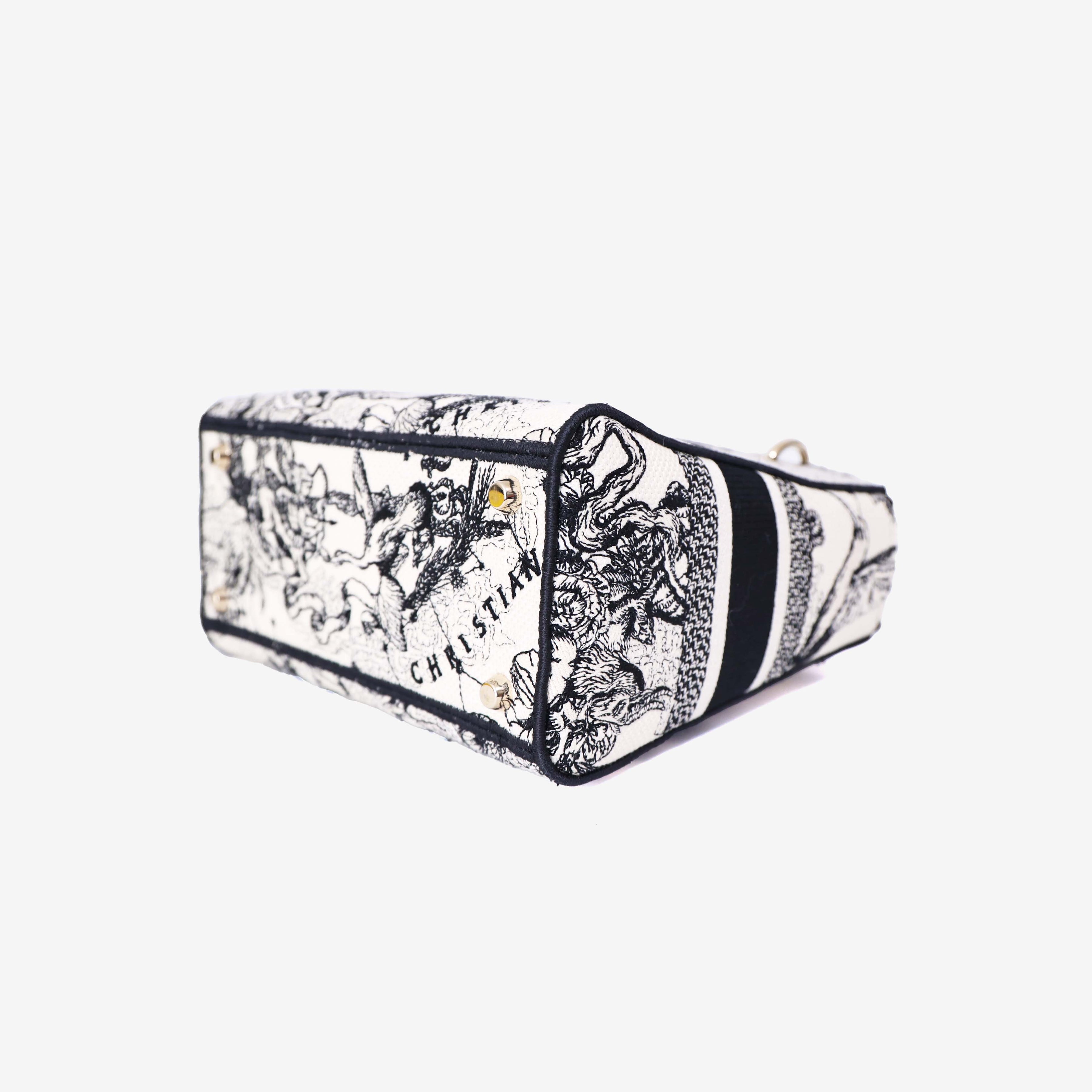 Dior Medium Lady D-Lite Zodiac Embroidered Bag in White/Black Canvas with Gold Hardware bottom side view