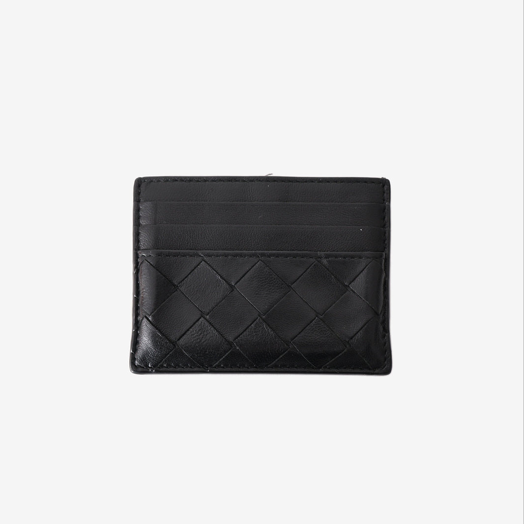 Bottega Veneta Card Holder in Black Calfskin Leather with Intrecciato Detail