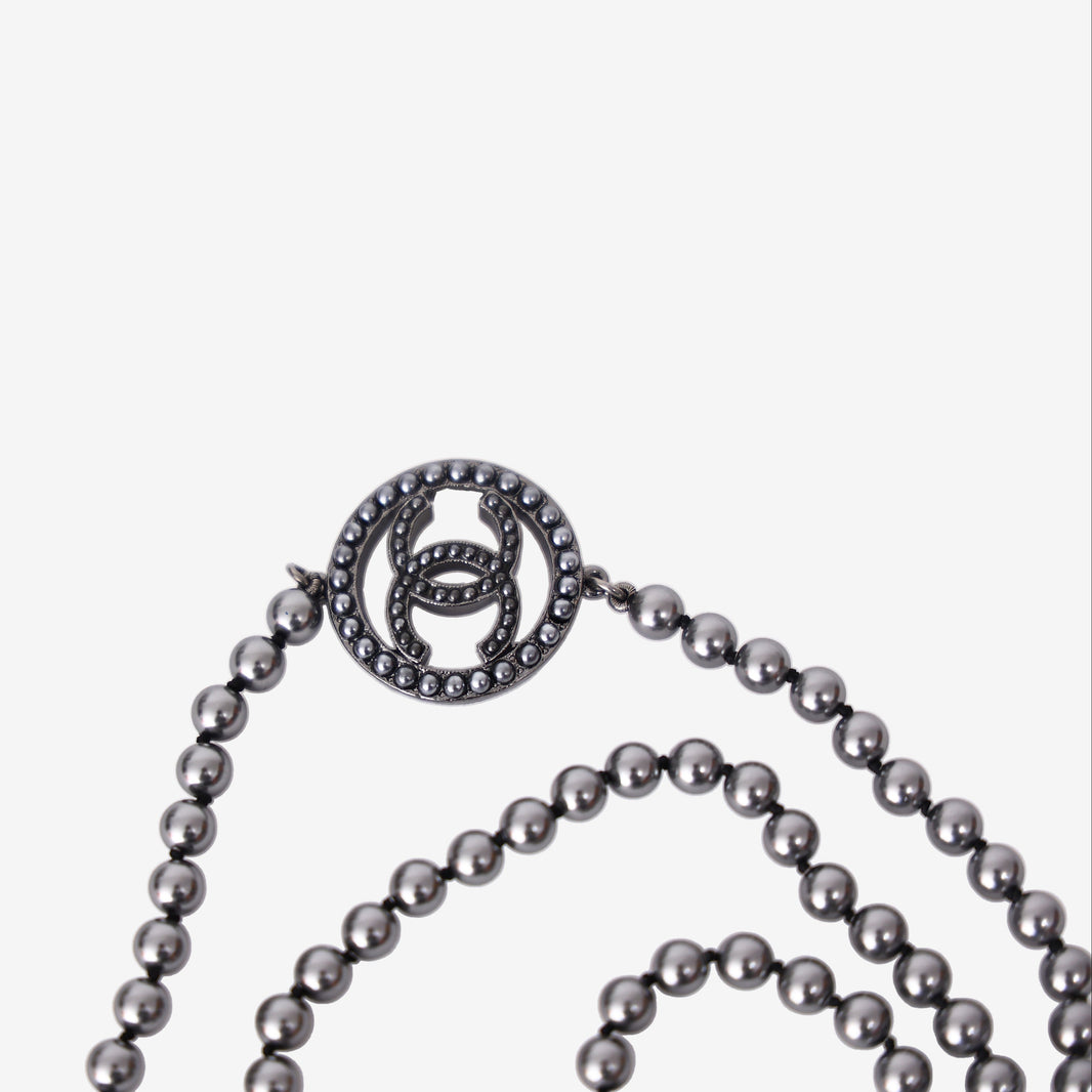 Chanel Long Multi-Strand Black Faux Pearl Necklace in Gunmetal