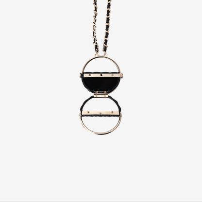 Chanel Gold CC Black Hula Bag Mirror Large Charm Long Necklace in Black Leather with Gold Hardware