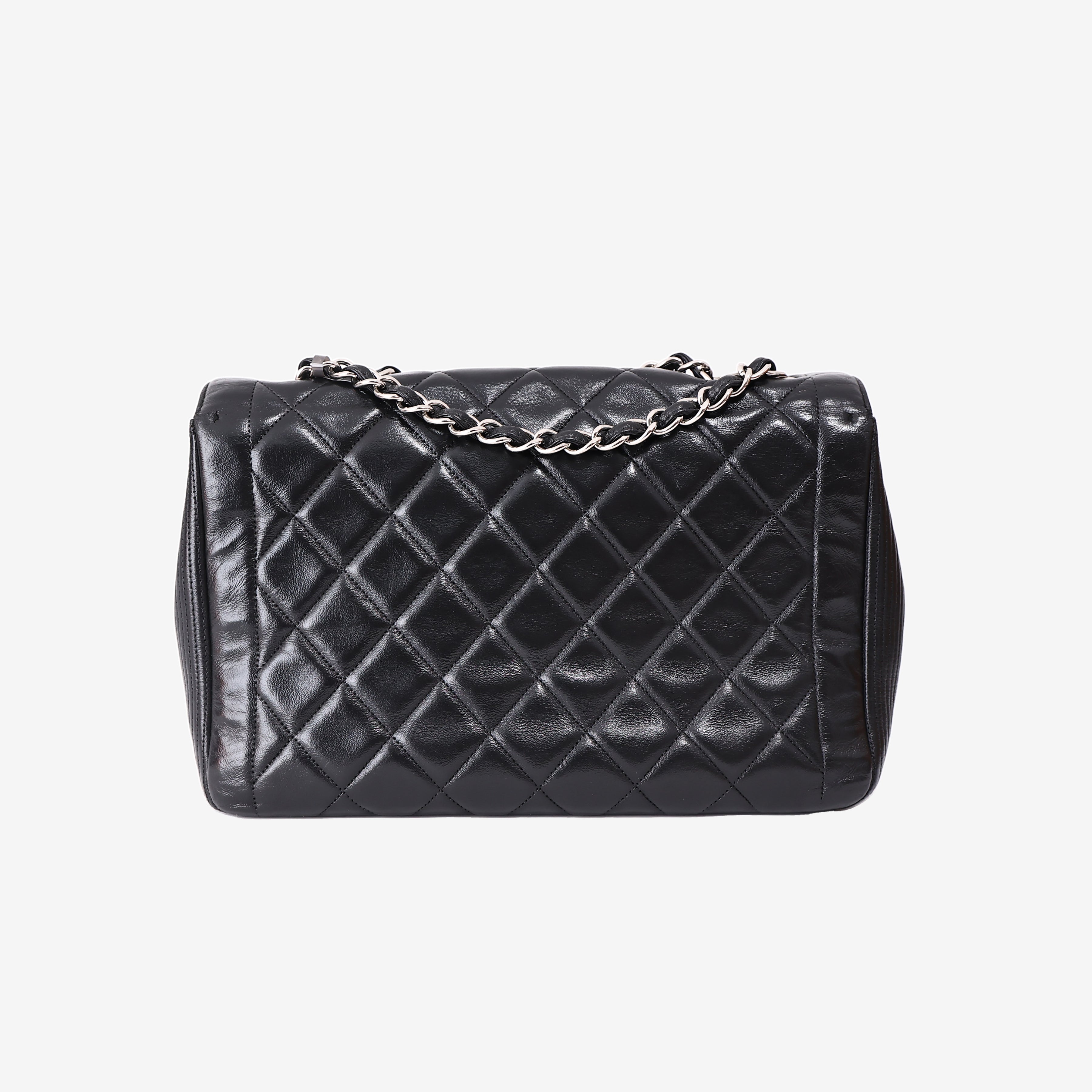 Chanel Vintage Classic Flap Bag in Black Lambskin Leather with Silver Hardware back view