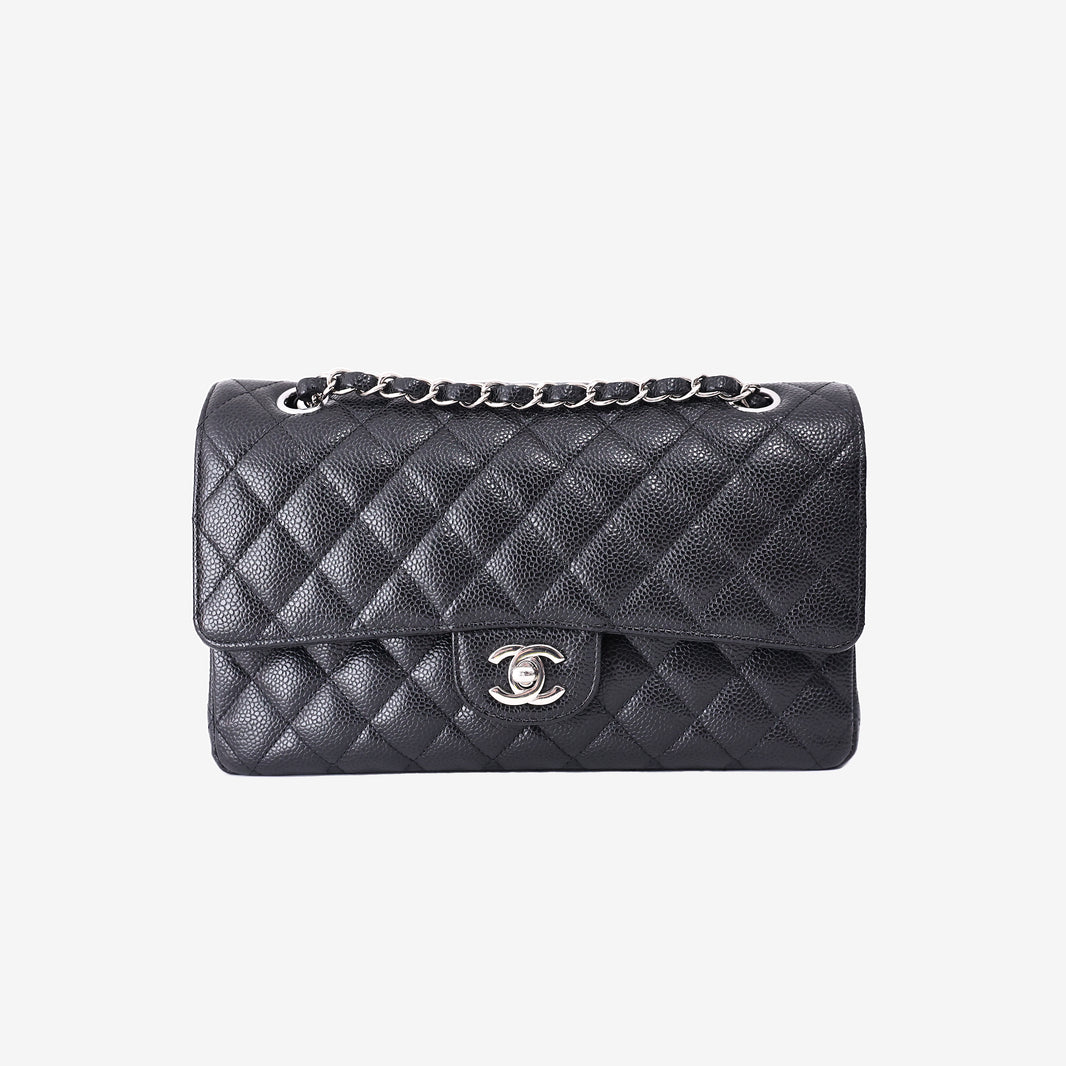 Chanel Medium Classic Flap Bag in Black Caviar Leather with Silver Hardware