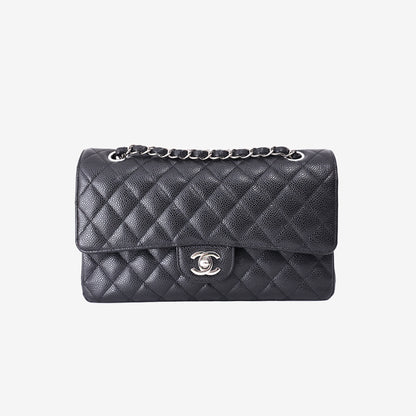 Chanel Medium Classic Flap Bag in Black Caviar Leather with Silver Hardware