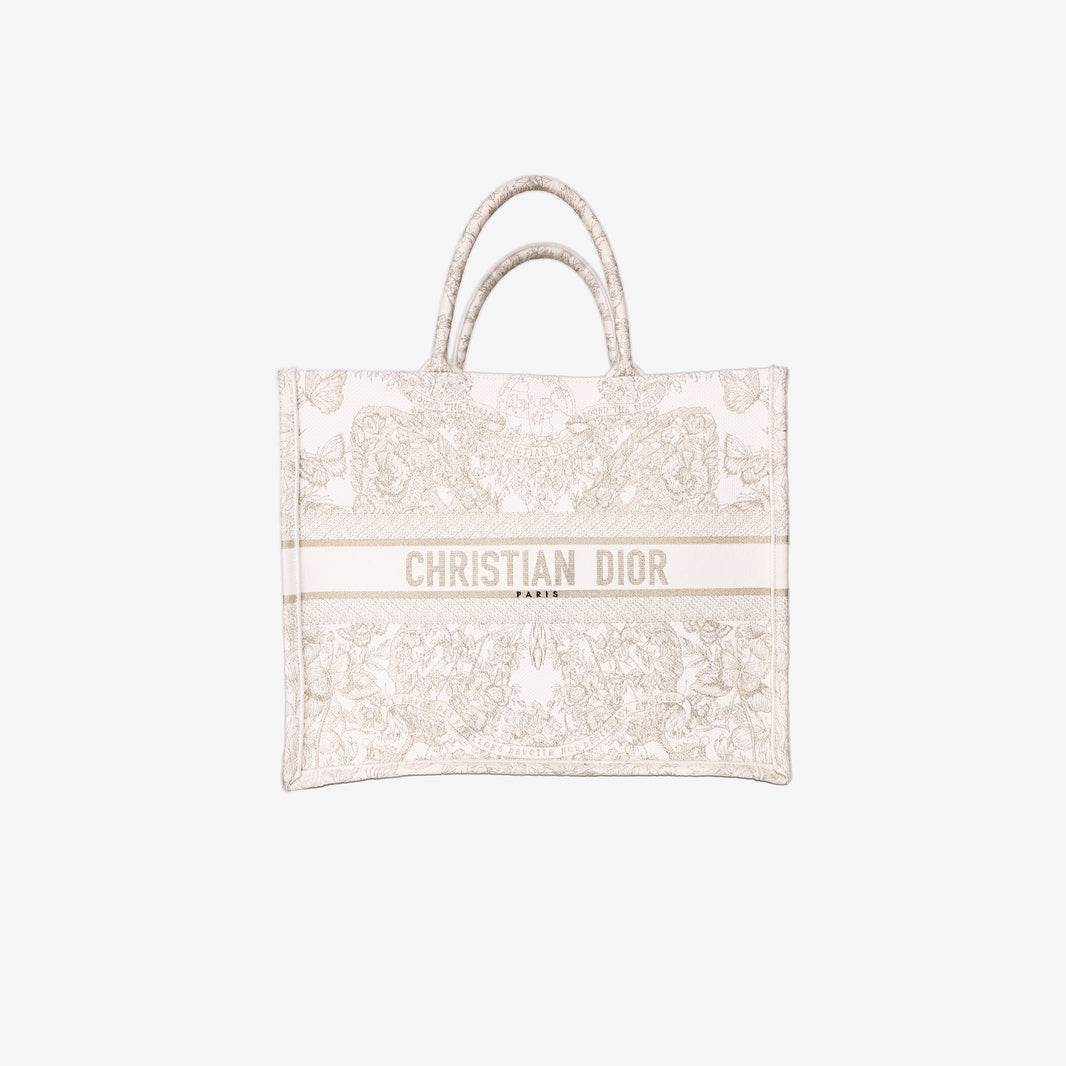 Dior Book Tote Medium in Latte Toile de Jouy Embroidered Cotton with Gold Detailing front view