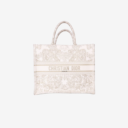 Dior Book Tote Medium in Latte Toile de Jouy Embroidered Cotton with Gold Detailing front view