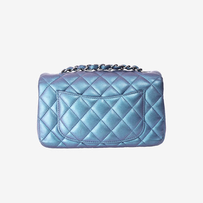 Chanel Mini Rectangular Classic Flap Bag in Iridescent Turquoise Blue Quilted Lambskin Leather with Silver Hardware