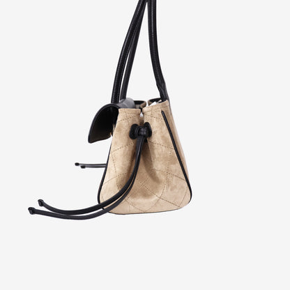 Chanel 26A Small Shopping Bag in Beige Black Suede Calfskin with Gold Hardware
