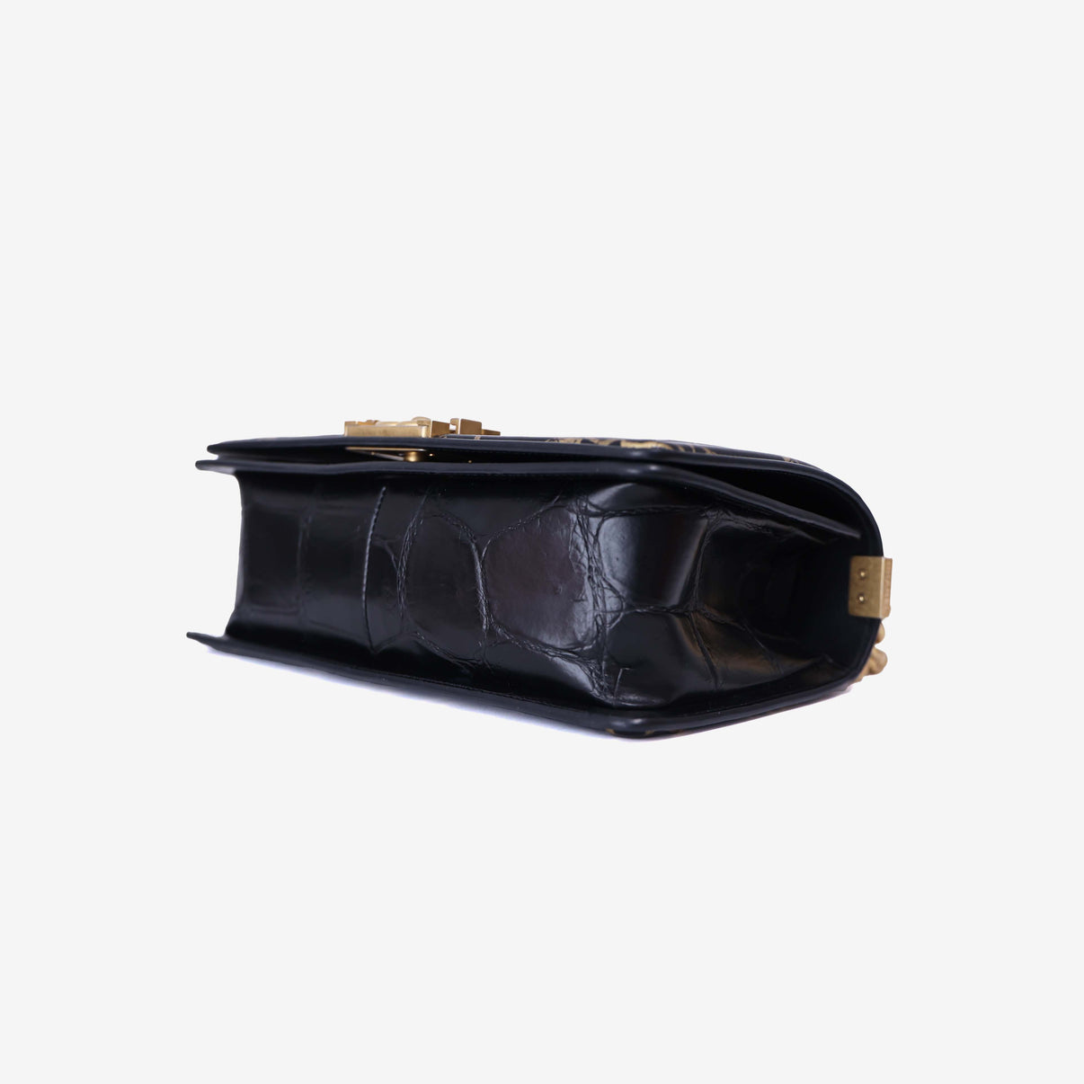 Chanel Medium Boy Flap Bag in Black Embossed Calfskin Leather with Gold Hardware bottom side view