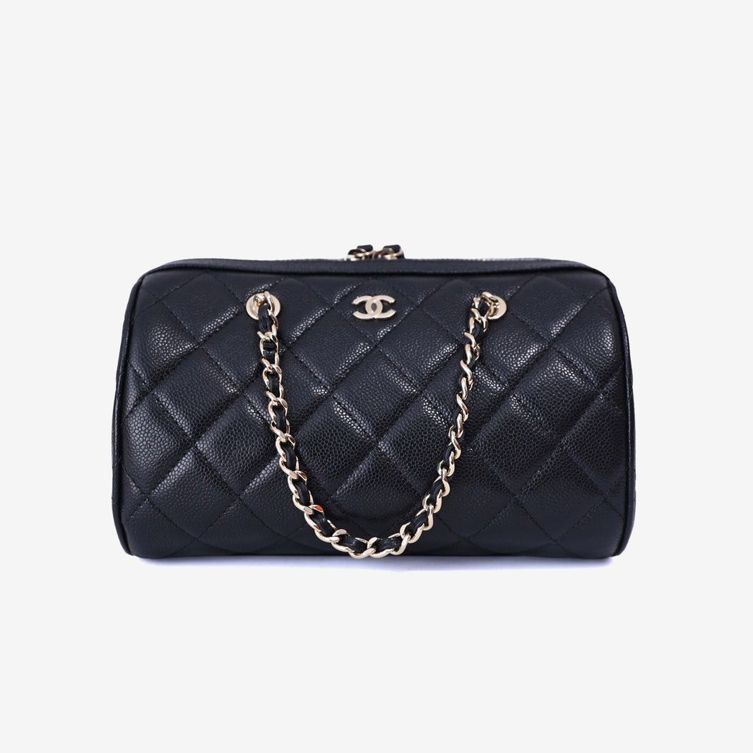 Chanel Classic Barrel Bag Mini in Black Caviar Leather with Gold Hardware front view