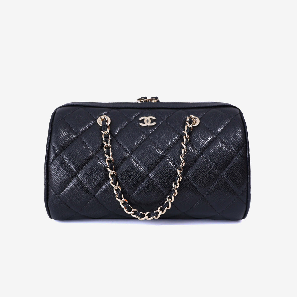 Chanel Classic Barrel Bag Mini in Black Caviar Leather with Gold Hardware front view