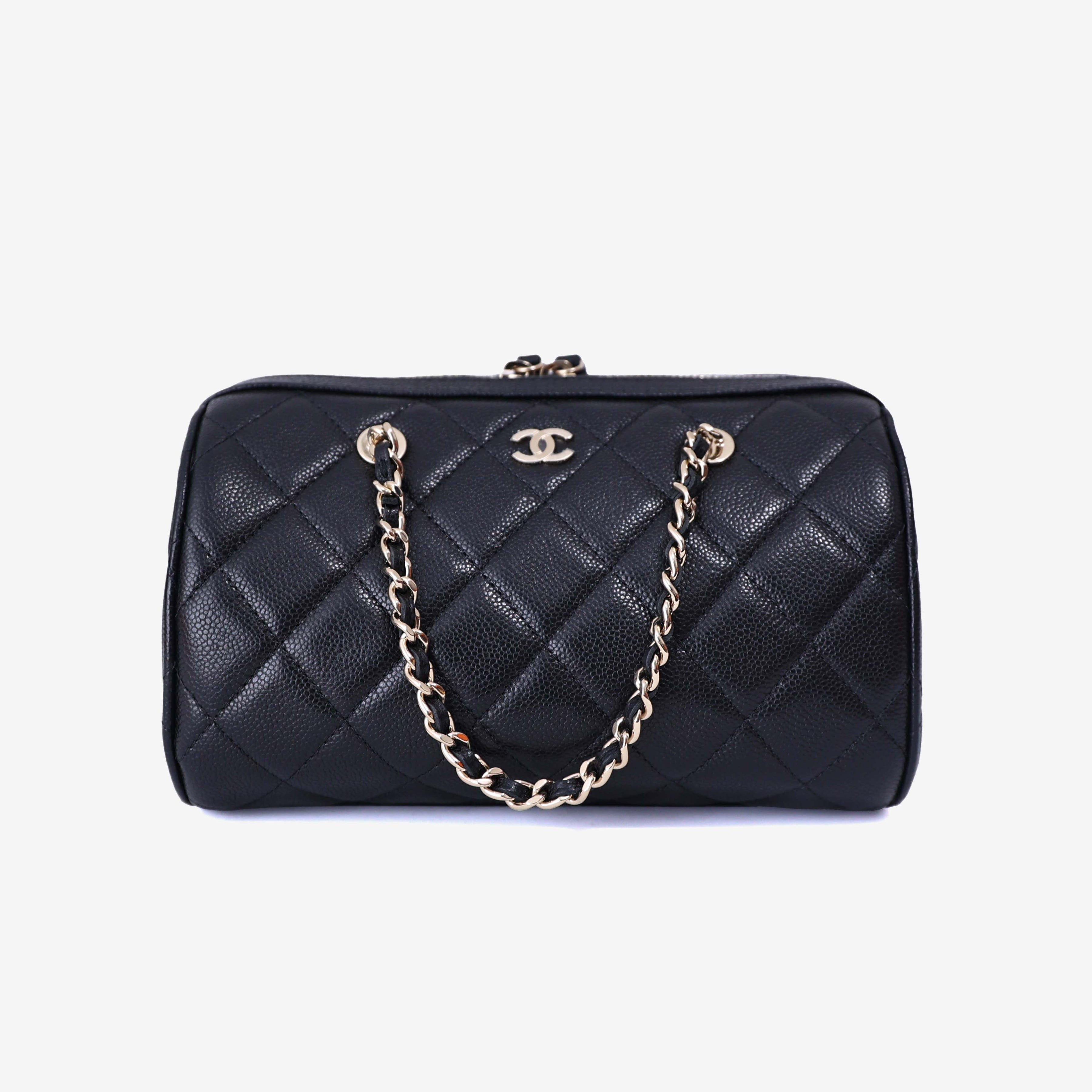 Chanel Classic Barrel Bag Mini in Black Caviar Leather with Gold Hardware front view