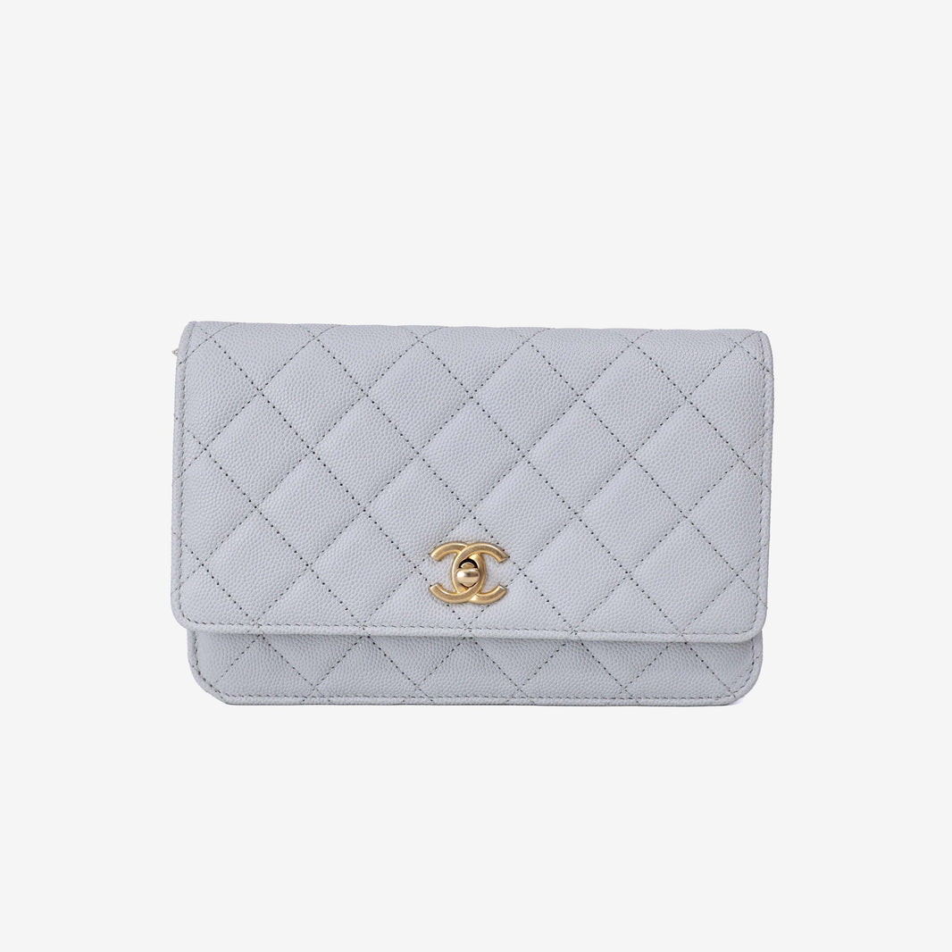 Chanel Wallet on Chain in Grey Caviar Leather with Gold Hardware front view