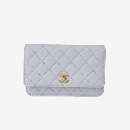 Chanel Wallet on Chain in Grey Caviar Leather with Gold Hardware front view