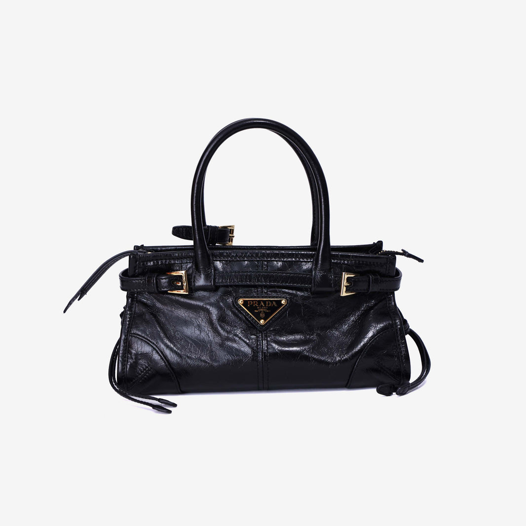 Prada Bonnie Mini Leather Top-Handle Bag in Black Calfskin Leather