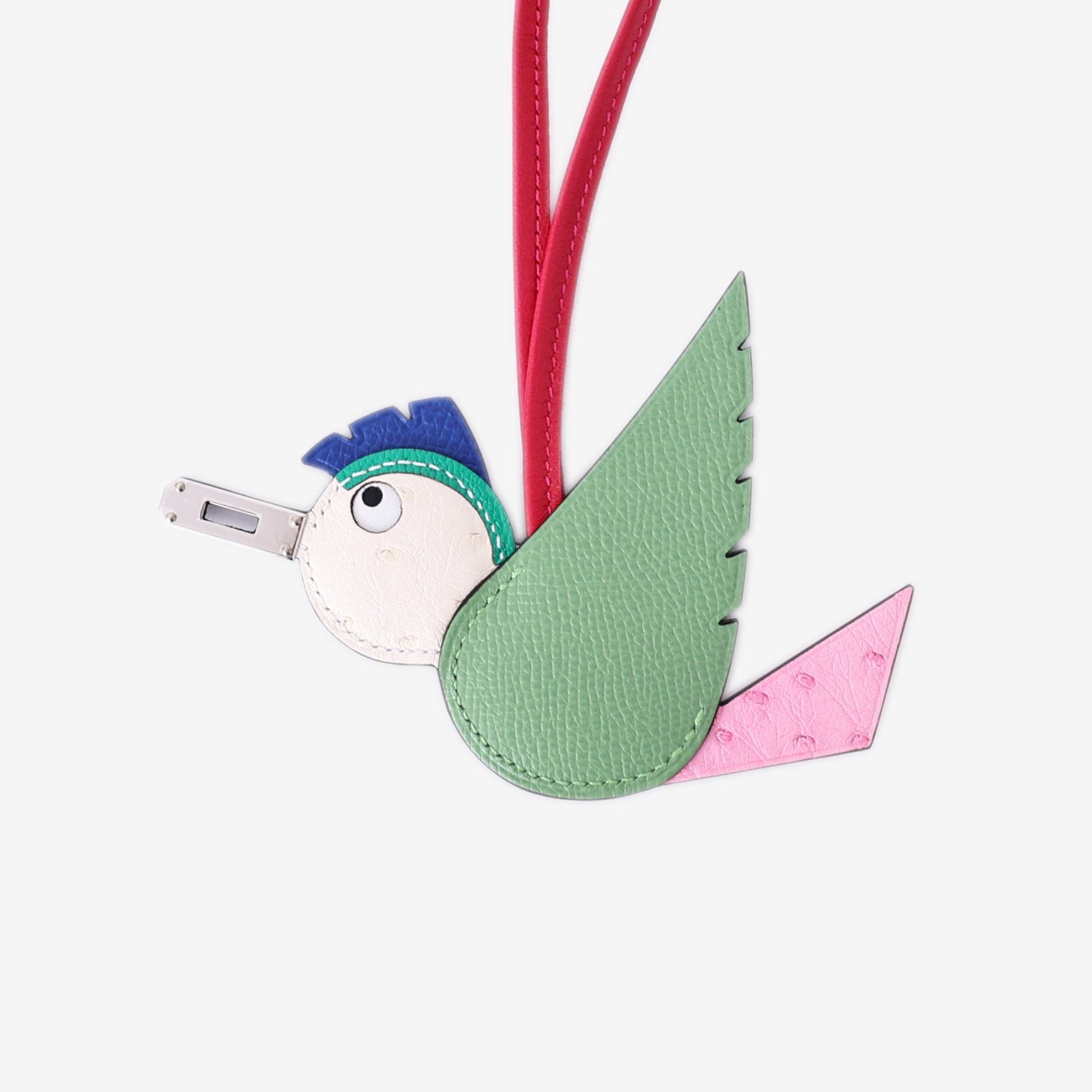 Hermès Birdy Charm in Multicolour Epsom & Ostrich Leather with Palladium Hardware detail view