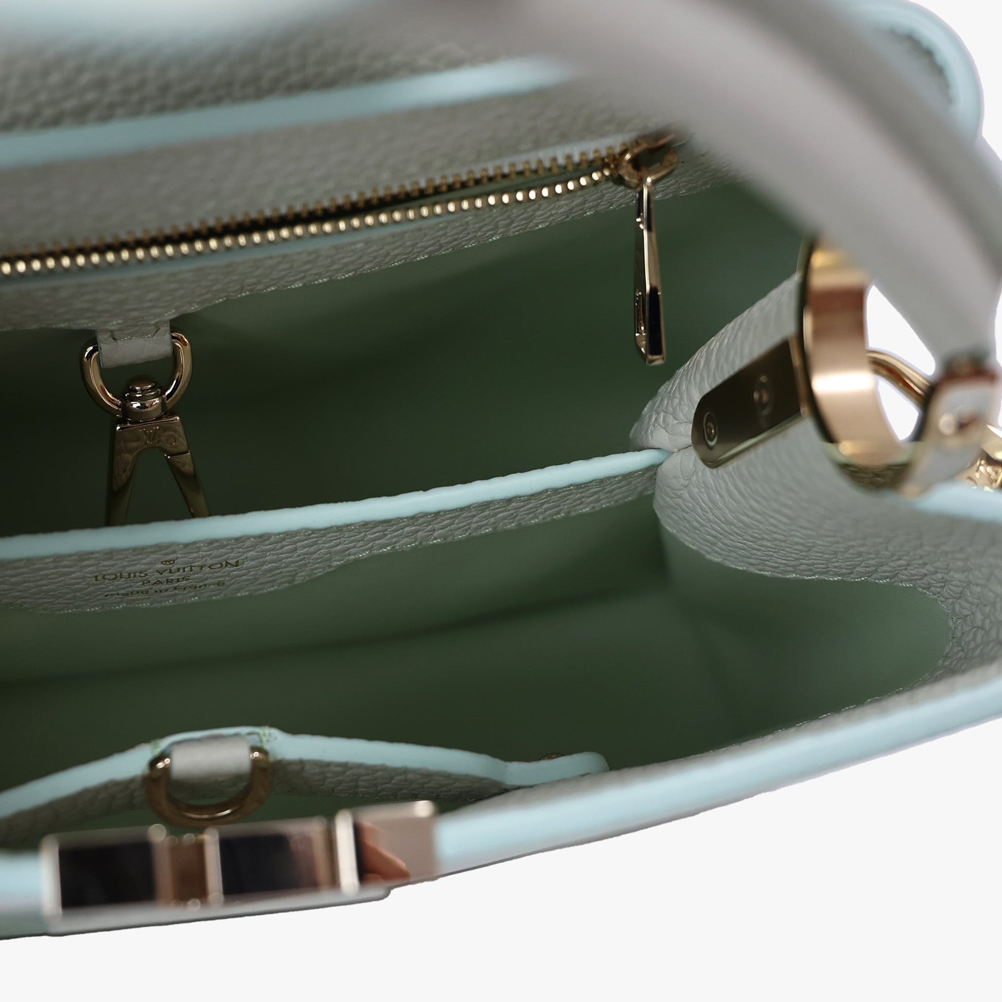 Louis Vuitton Capucines BB in Light Green Taurillon Leather with Gold Hardware interior view