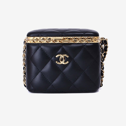 Chanel Lock Frame Vanity Case with Chain in Black Lambskin Leather with Gold Hardware