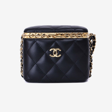 Chanel Lock Frame Vanity Case with Chain in Black Lambskin Leather with Gold Hardware
